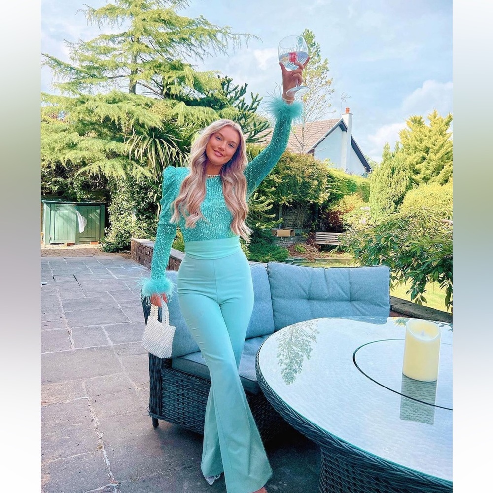 NEW SEASON Lavish Alice feather and sequin embellished jumpsuit in sage